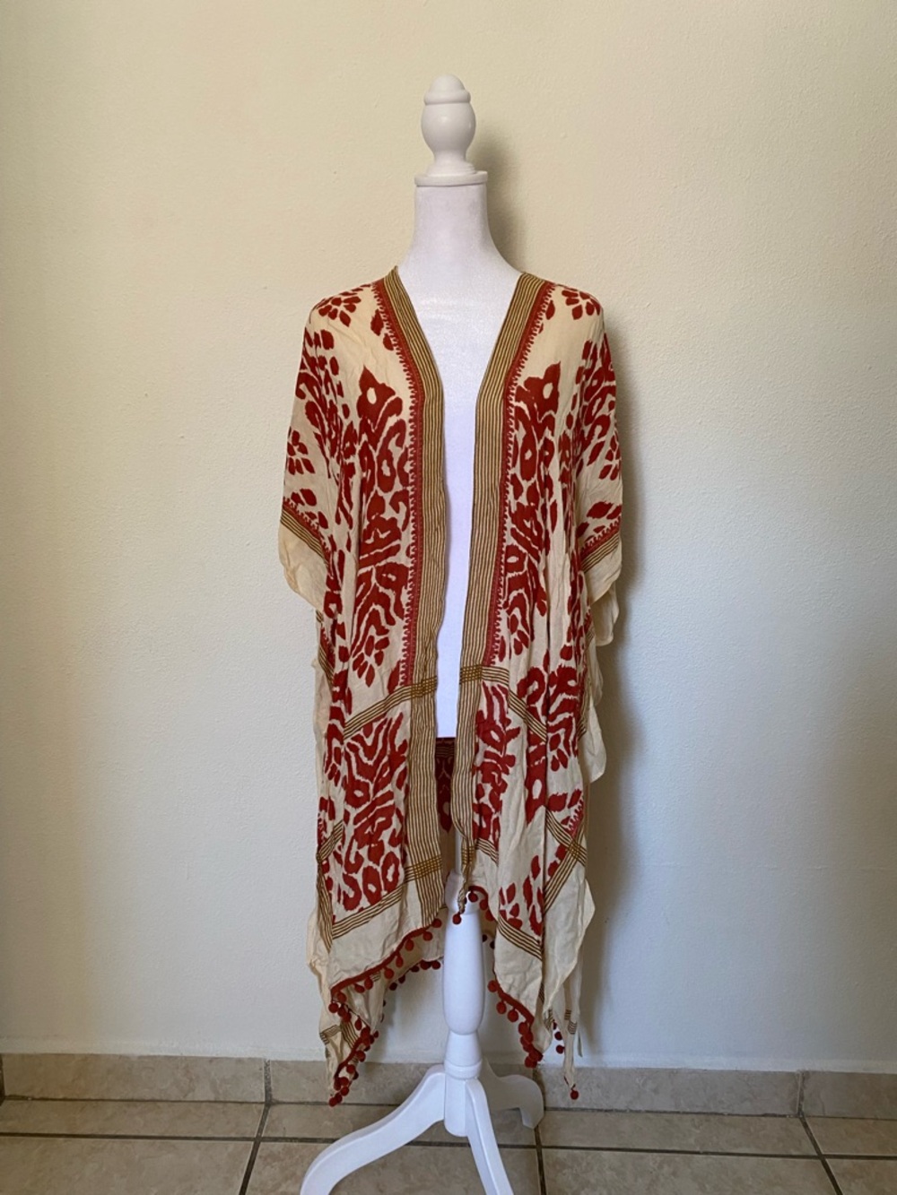 Comfyluxe Kimono Cardigan Terracotta Cream Open-Front Pom-Pom Boho Damask Hippie